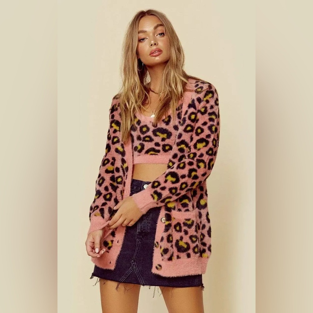 FOR LOVE AND LEMONS Pink Yellow Leopard Cheetah Fuzzy Cardigan Medium